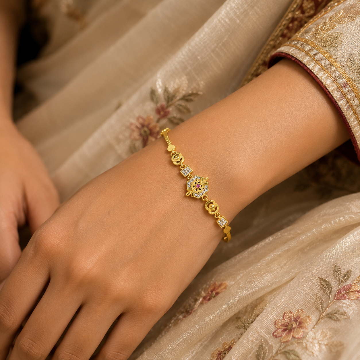 Gold-Tone Premium Elegant Geometrical Stone Studded Bracelet for Women - Glossy Finish