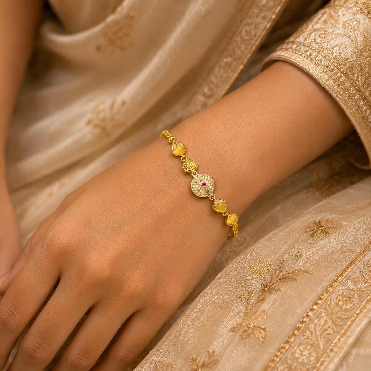 Gold-Tone Premium Central Medallion Designer Bracelet for Women - Glossy Finish