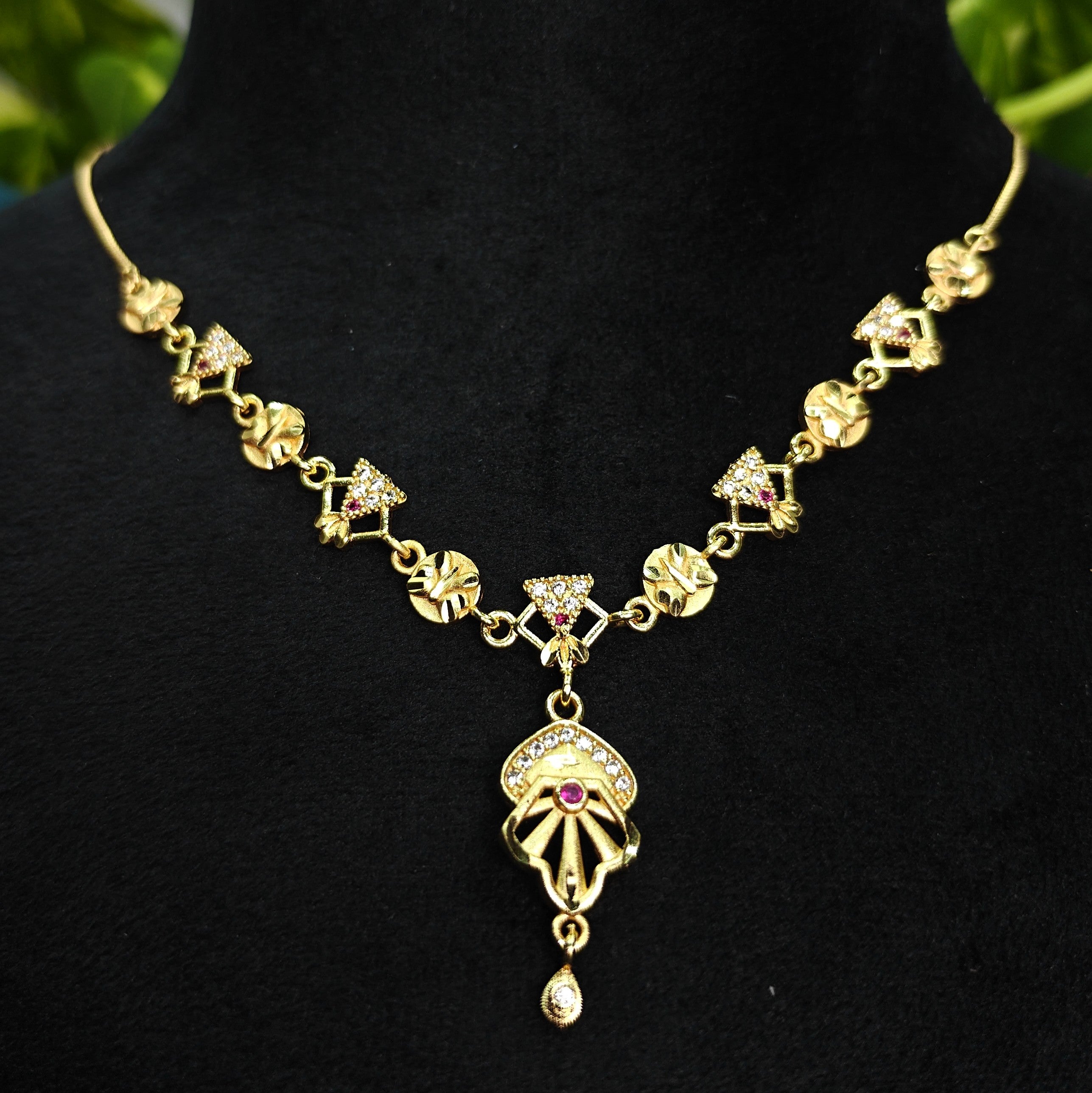 Gold-Tone Premium Floral Inspired Petal Motif AD Pendant Necklace for Women - Glossy Finish