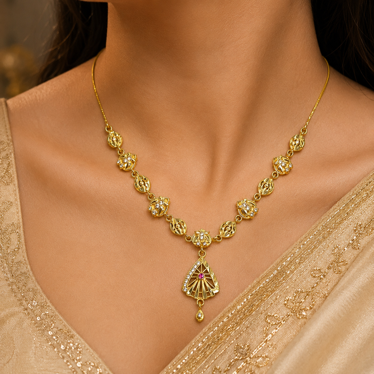 Gold-Tone Premium Leaf Design Hand Fan Inspired AD Pendant Necklace for Women - Glossy Finish