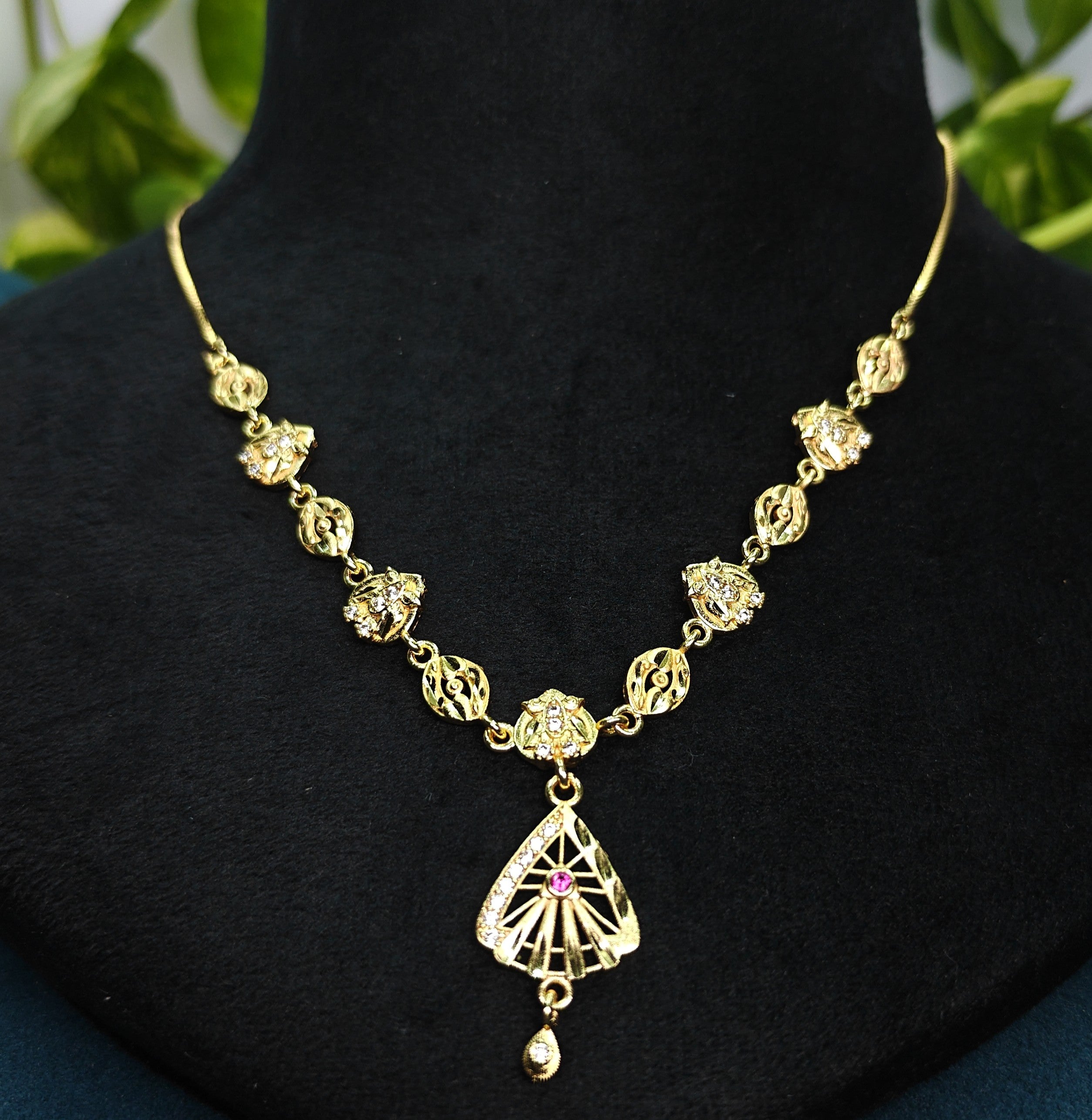 Gold-Tone Premium Leaf Design Hand Fan Inspired AD Pendant Necklace for Women - Glossy Finish