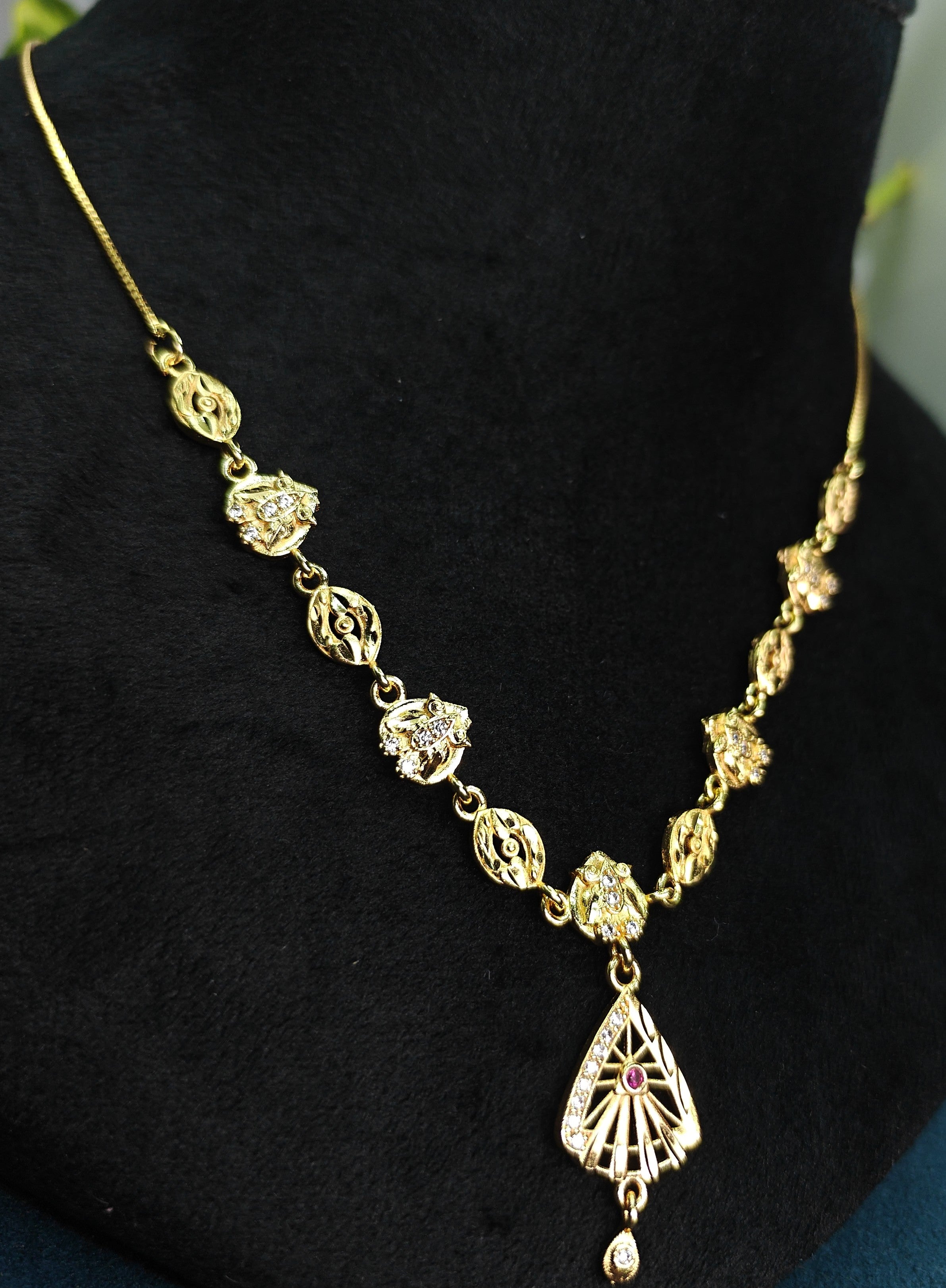 Gold-Tone Premium Leaf Design Hand Fan Inspired AD Pendant Necklace for Women - Glossy Finish