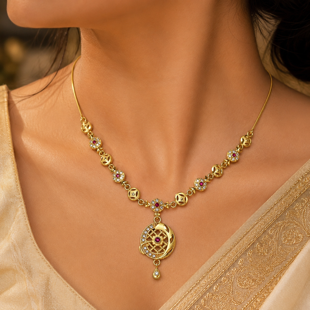 Gold-Tone Premium Celestial Moon AD Pendant Necklace for Women - Glossy Finish