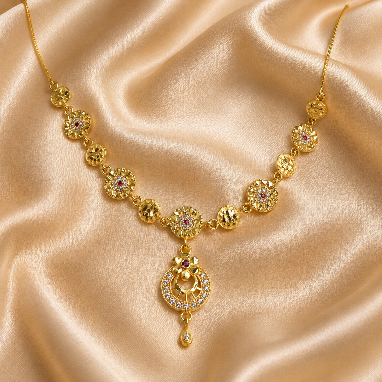 Gold-Tone Premium Floral Coin Link Drop Stone AD Pendant Necklace for Women - Glossy Finish