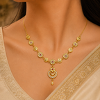 Gold-Tone Premium Floral Coin Link Drop Stone AD Pendant Necklace for Women - Glossy Finish