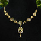 Gold-Tone Premium Floral Coin Link Drop Stone AD Pendant Necklace for Women - Glossy Finish