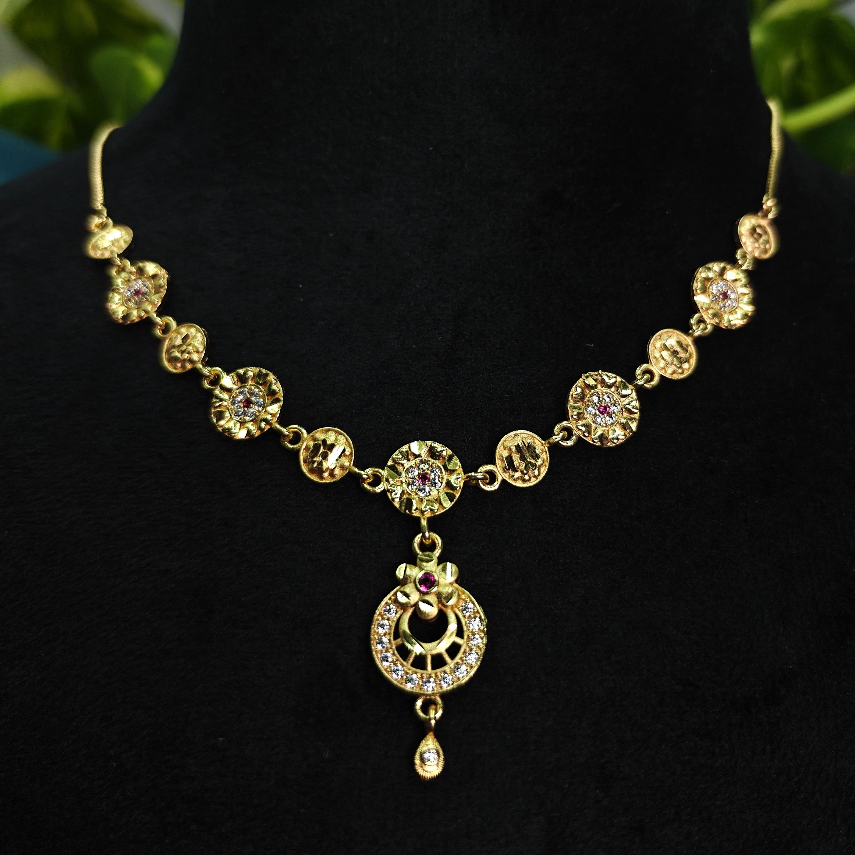Gold-Tone Premium Floral Coin Link Drop Stone AD Pendant Necklace for Women - Glossy Finish