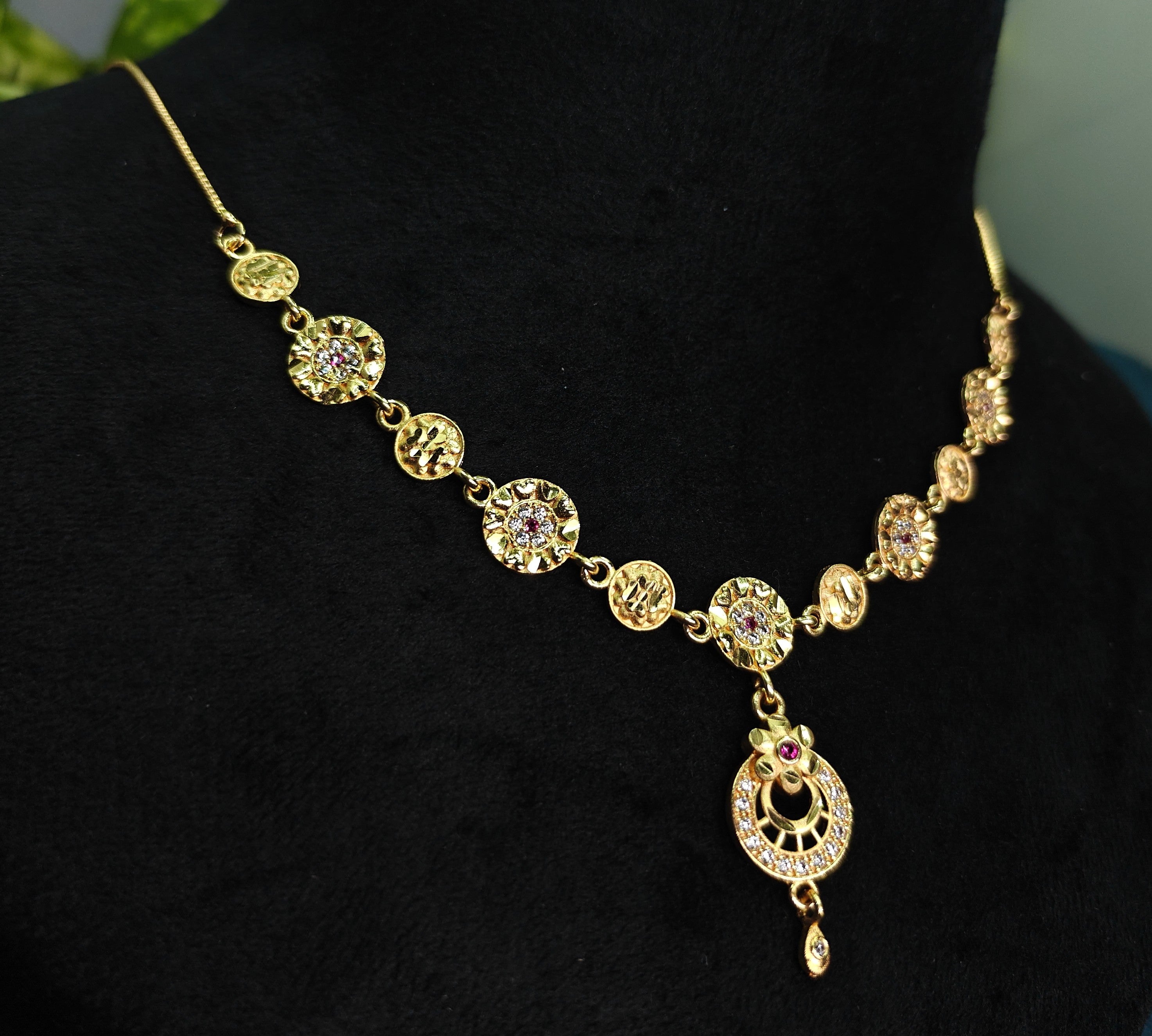 Gold-Tone Premium Floral Coin Link Drop Stone AD Pendant Necklace for Women - Glossy Finish