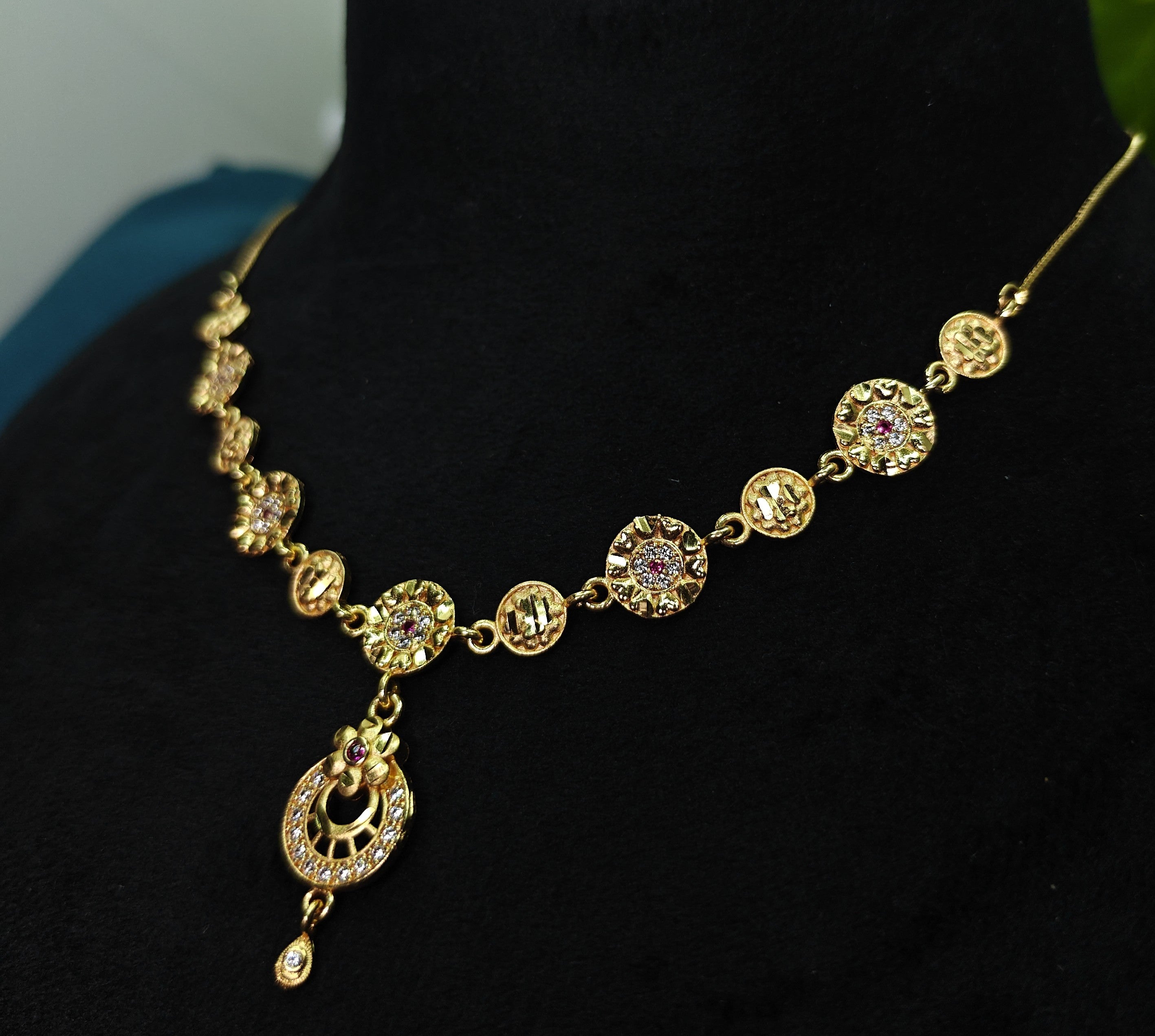 Gold-Tone Premium Floral Coin Link Drop Stone AD Pendant Necklace for Women - Glossy Finish
