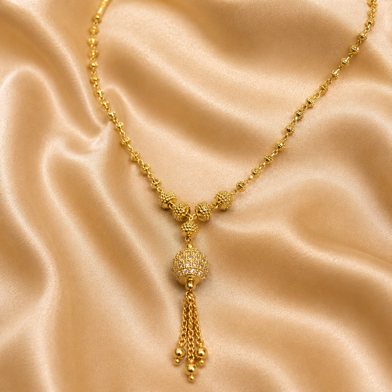 Gold-Tone Premium AD Stone Studded Ball Pendant Necklace for Women - Glossy Finish