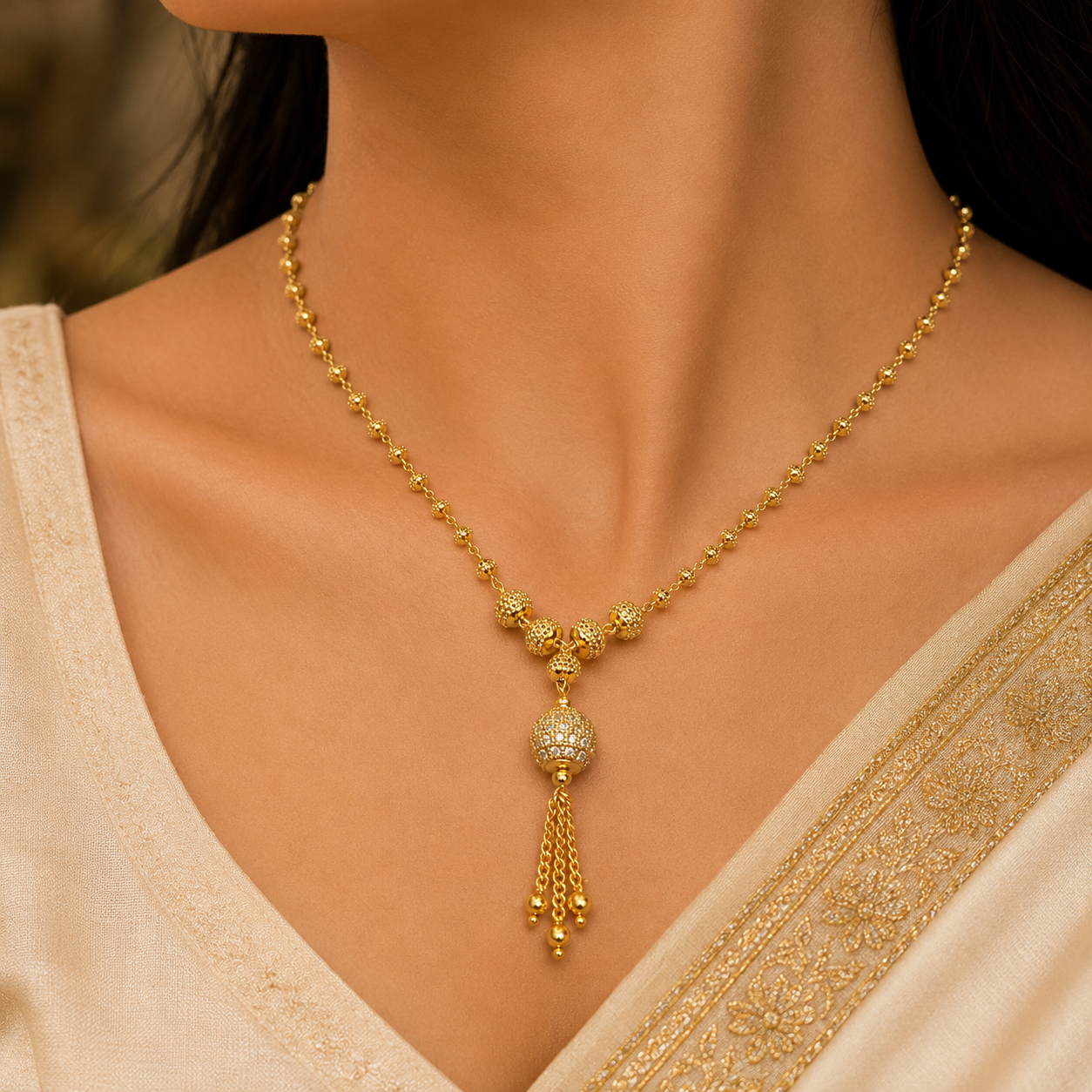 Gold-Tone Premium AD Stone Studded Ball Pendant Necklace for Women - Glossy Finish
