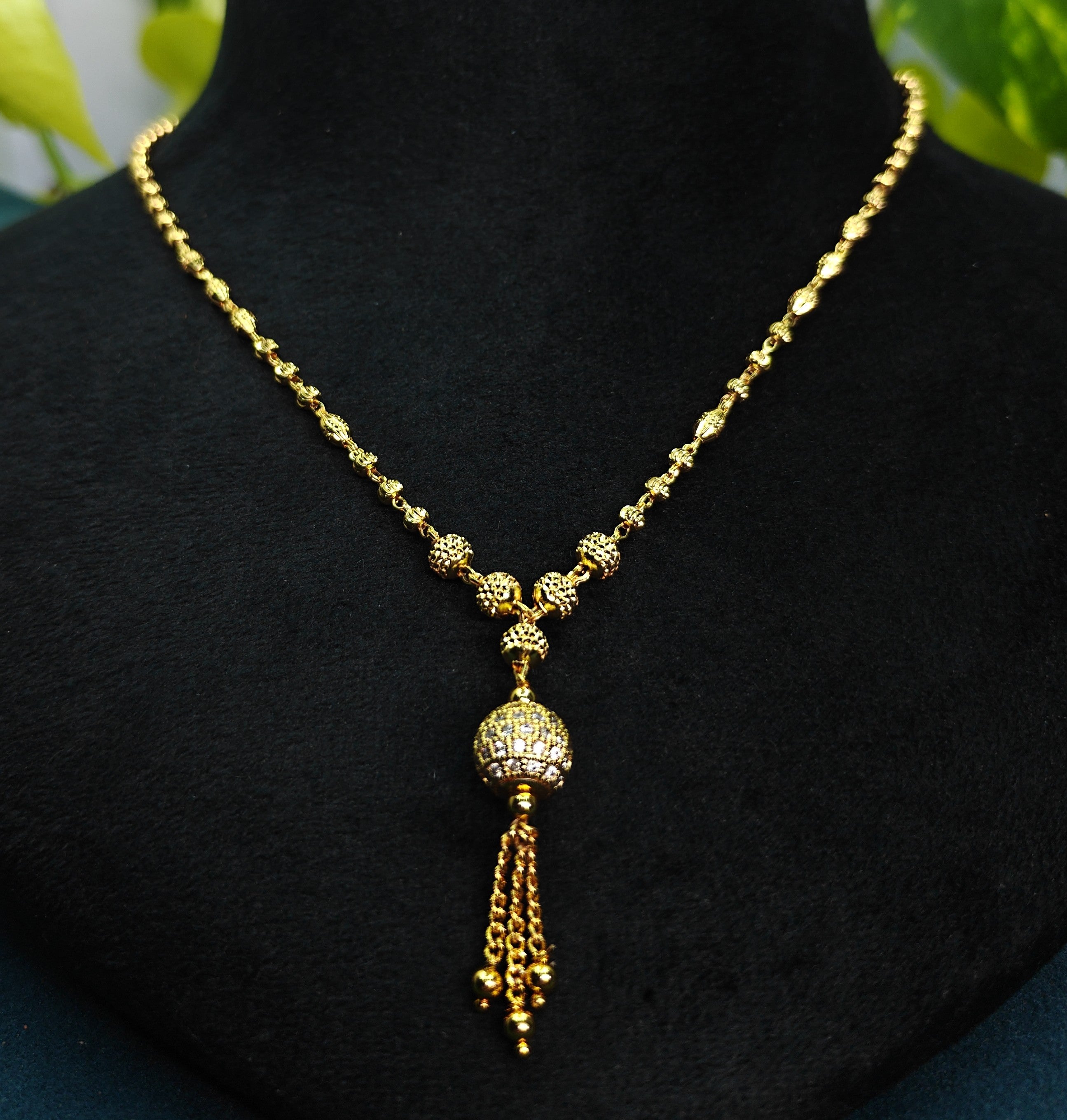 Gold-Tone Premium AD Stone Studded Ball Pendant Necklace for Women - Glossy Finish