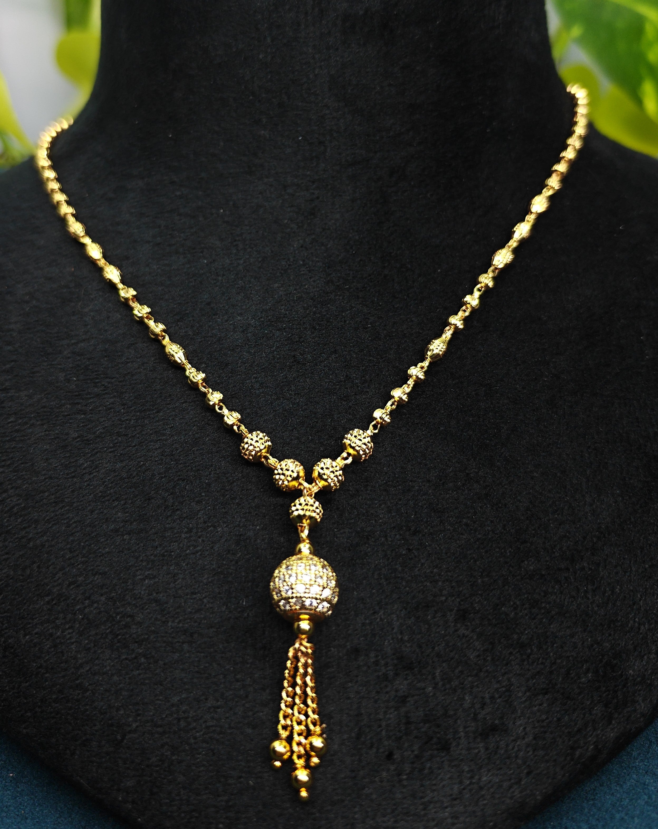 Gold-Tone Premium AD Stone Studded Ball Pendant Necklace for Women - Glossy Finish