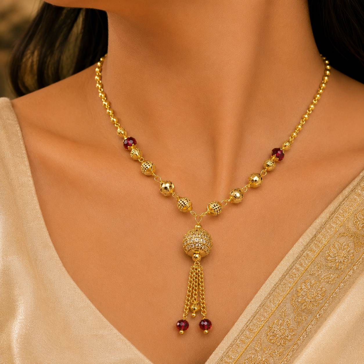 Gold-Tone Premium AD & Ruby Stone Studded Ball Pendant Necklace for Women - Glossy Finish