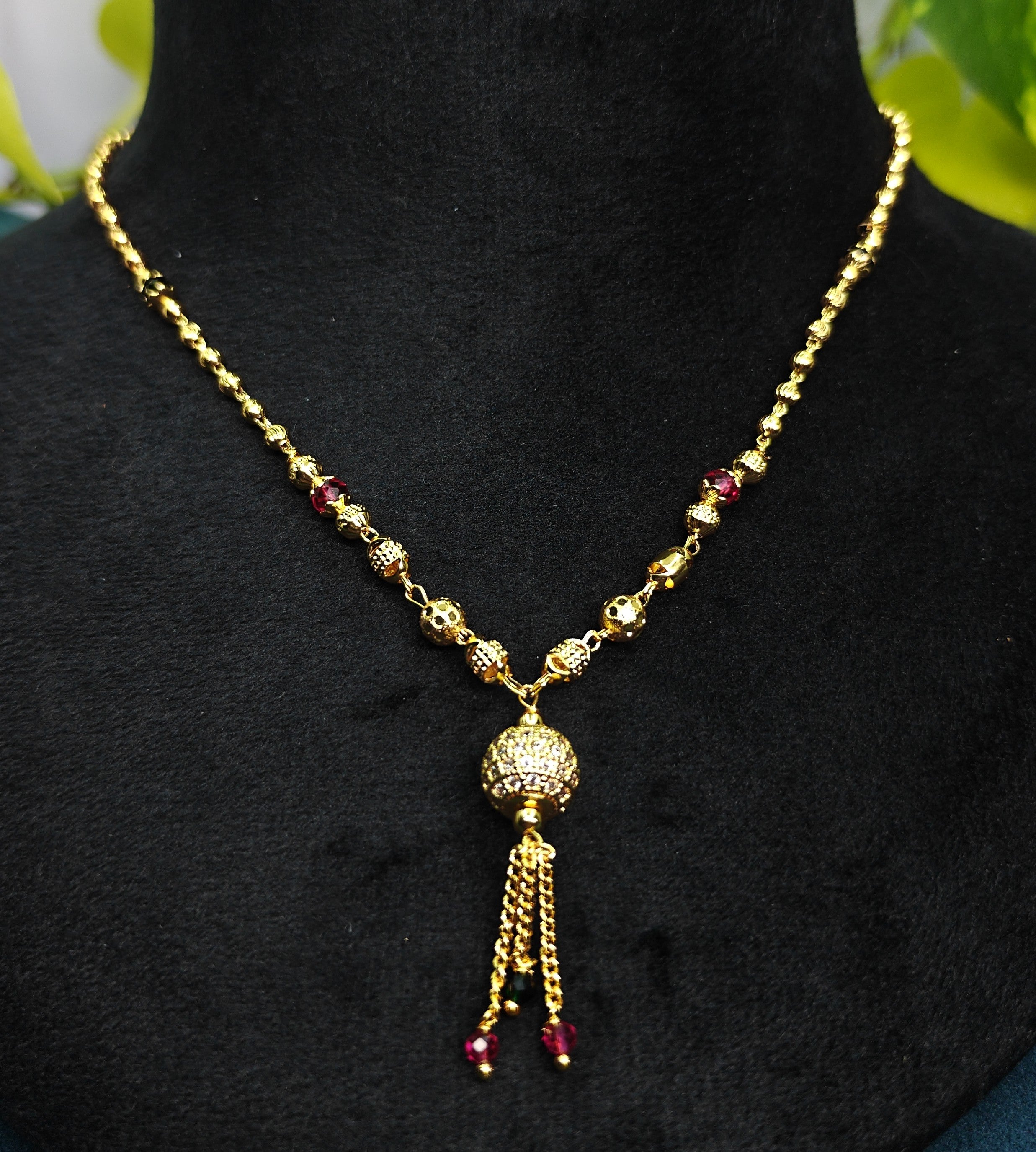 Gold-Tone Premium AD & Ruby Stone Studded Ball Pendant Necklace for Women - Glossy Finish