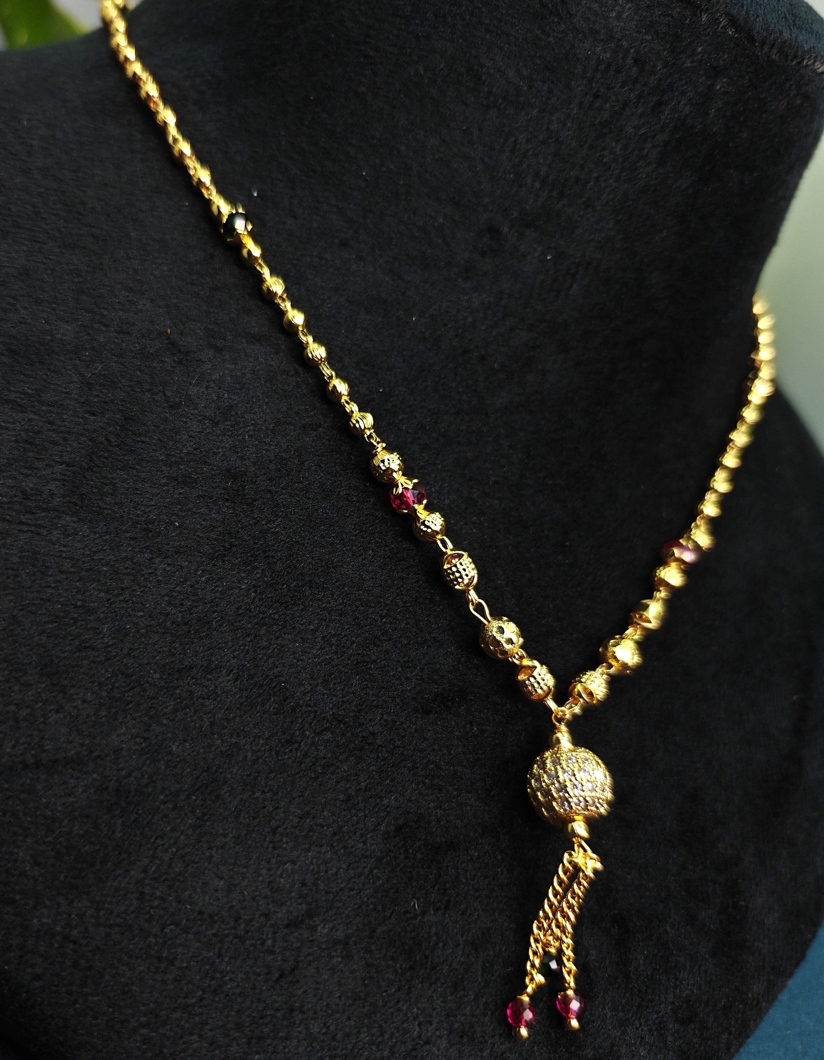 Gold-Tone Premium AD & Ruby Stone Studded Ball Pendant Necklace for Women - Glossy Finish