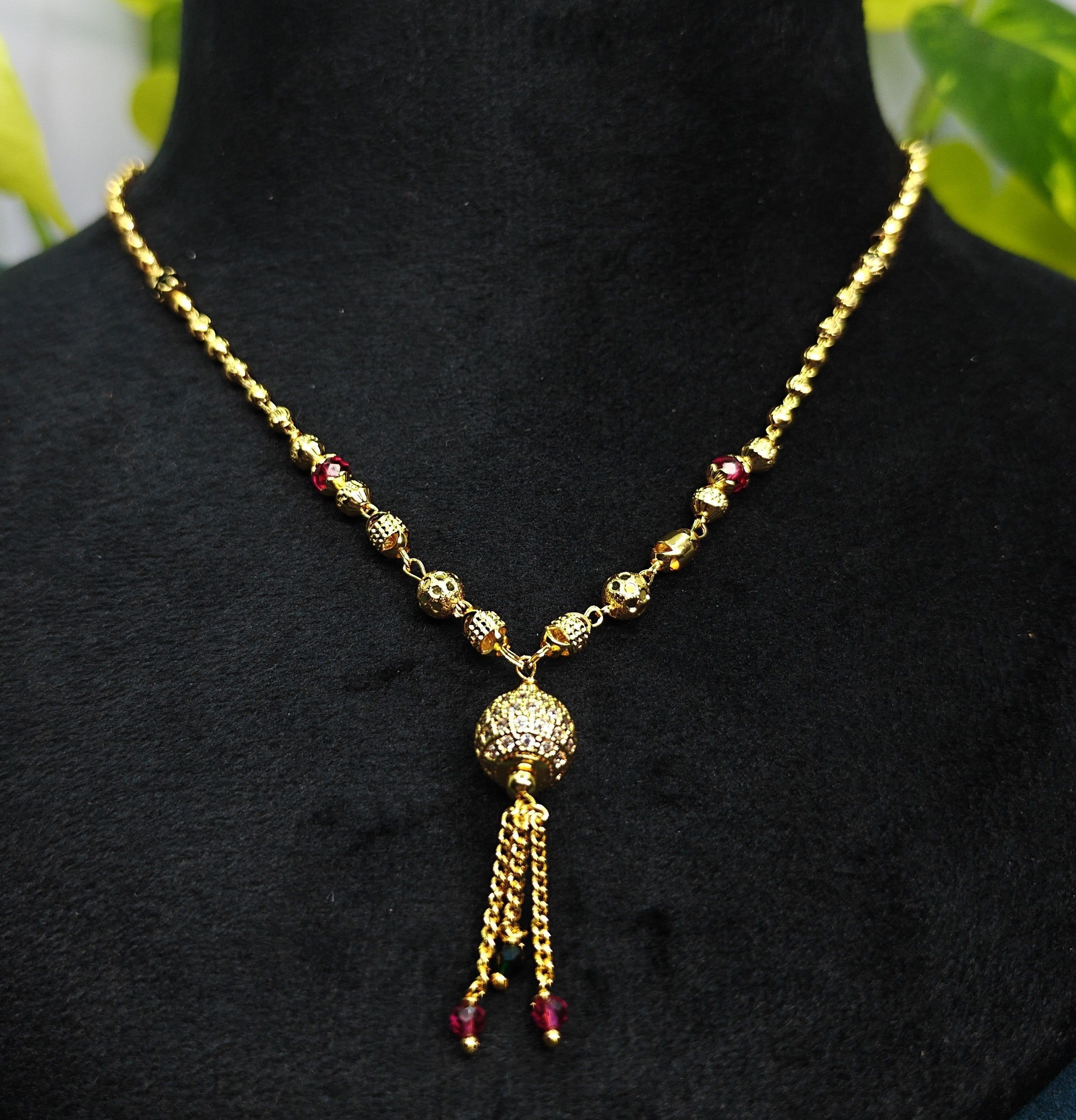 Gold-Tone Premium AD & Ruby Stone Studded Ball Pendant Necklace for Women - Glossy Finish