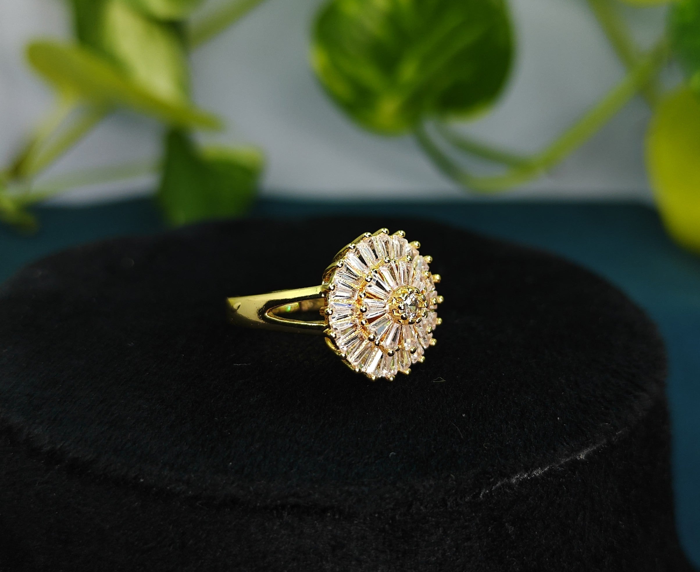 Gold-Tone Premium Ballerina Style Cocktail AD Ring for Women - Glossy Finish (Size Adjustable)