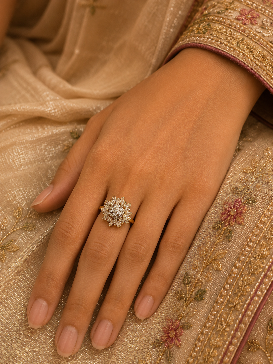 Gold-Tone Premium Floral Cluster Style Cocktail AD Ring for Women - Glossy Finish (Size Adjustable)