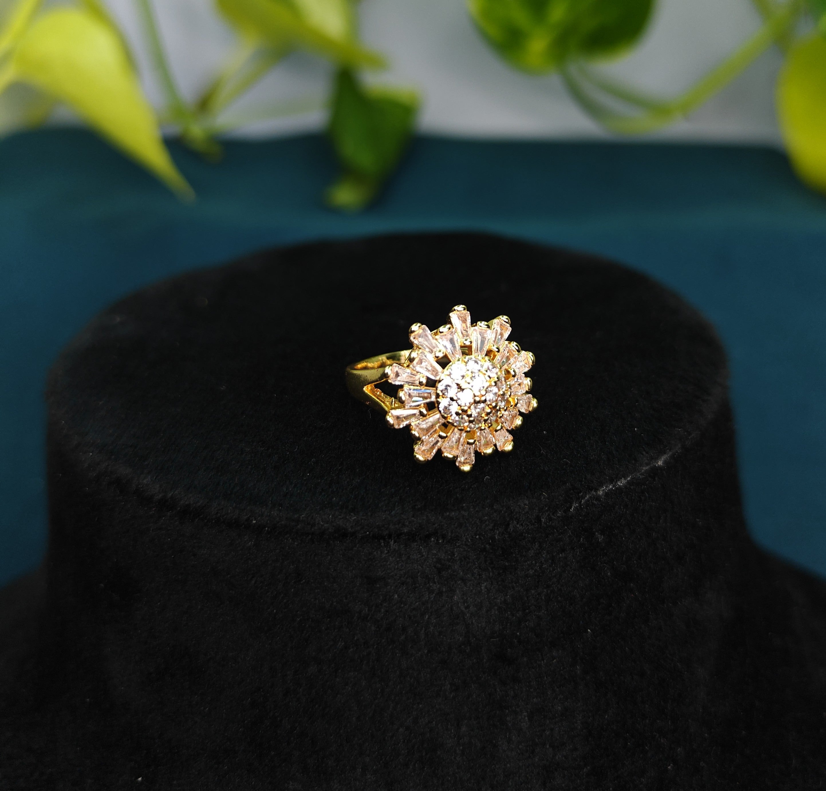 Gold-Tone Premium Floral Cluster Style Cocktail AD Ring for Women - Glossy Finish (Size Adjustable)