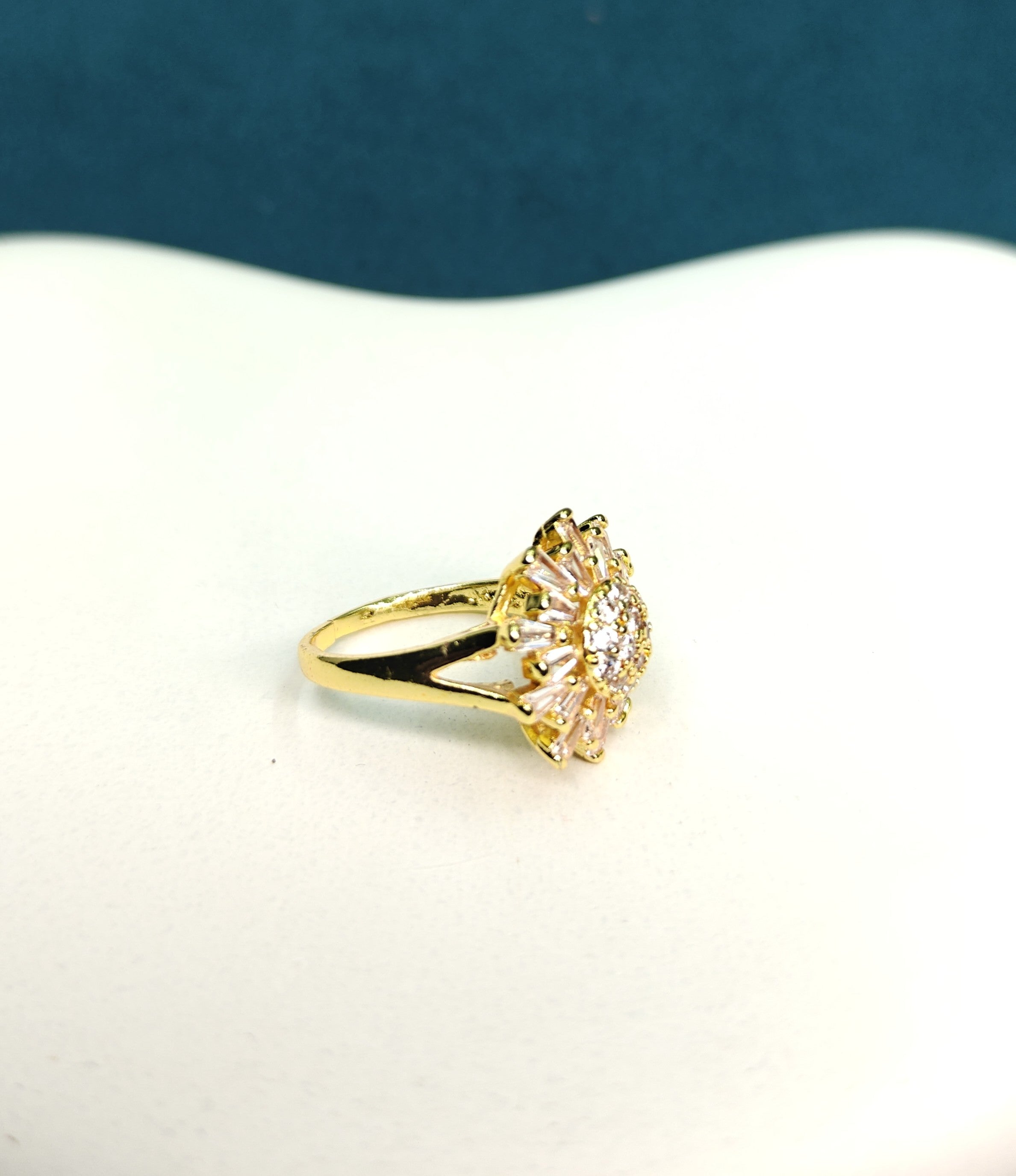 Gold-Tone Premium Floral Cluster Style Cocktail AD Ring for Women - Glossy Finish (Size Adjustable)