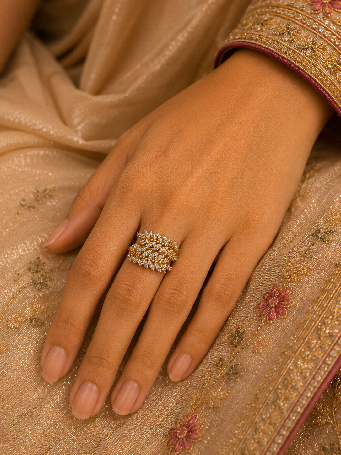 Gold-Tone Premium Vine Leaf Motif Cocktail AD Ring for Women - Glossy Finish (Size Adjustable)