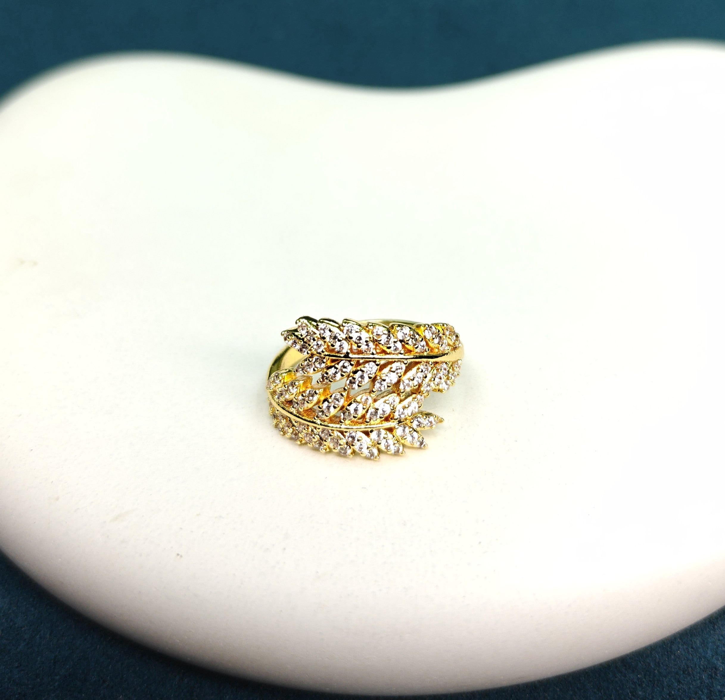 Gold-Tone Premium Vine Leaf Motif Cocktail AD Ring for Women - Glossy Finish (Size Adjustable)