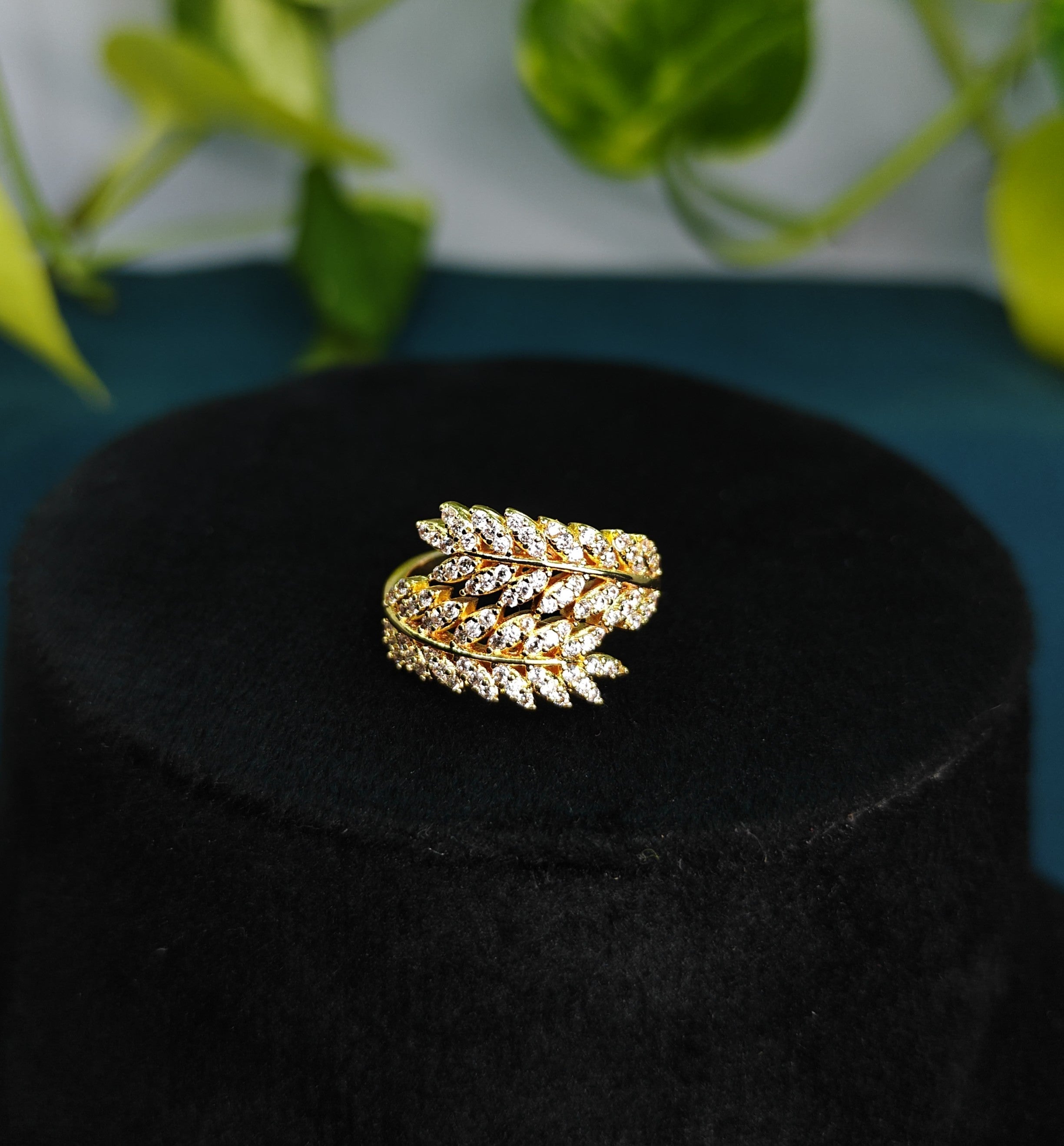 Gold-Tone Premium Vine Leaf Motif Cocktail AD Ring for Women - Glossy Finish (Size Adjustable)