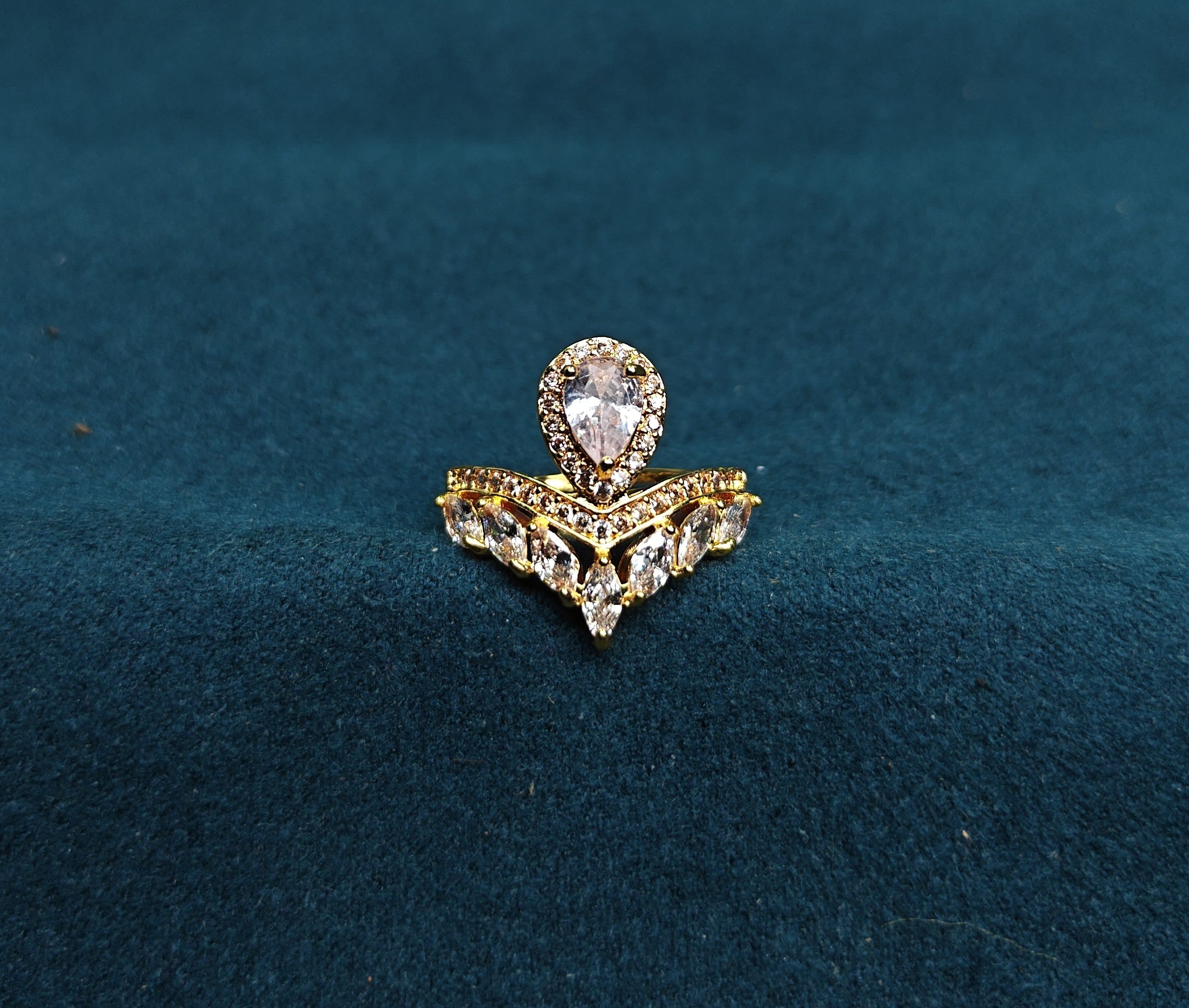 Gold-Tone Premium Tear Drop Halo Crown AD Ring for Women - Glossy Finish (Size Adjustable)