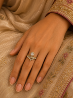 Gold-Tone Premium Tear Drop Halo Crown AD Ring for Women - Glossy Finish (Size Adjustable)