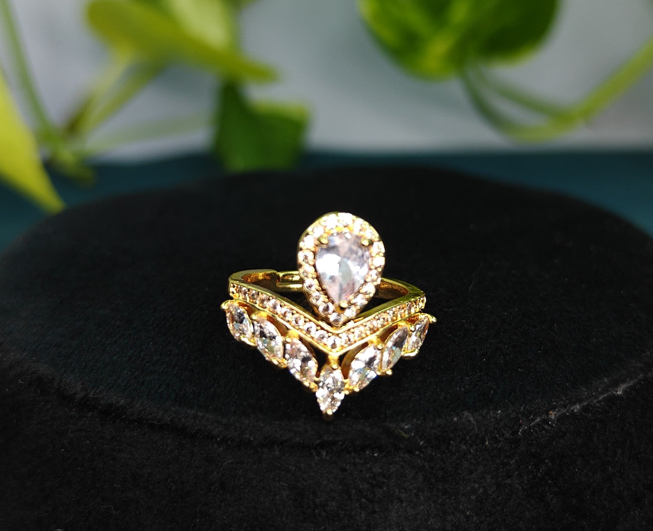 Gold-Tone Premium Tear Drop Halo Crown AD Ring for Women - Glossy Finish (Size Adjustable)
