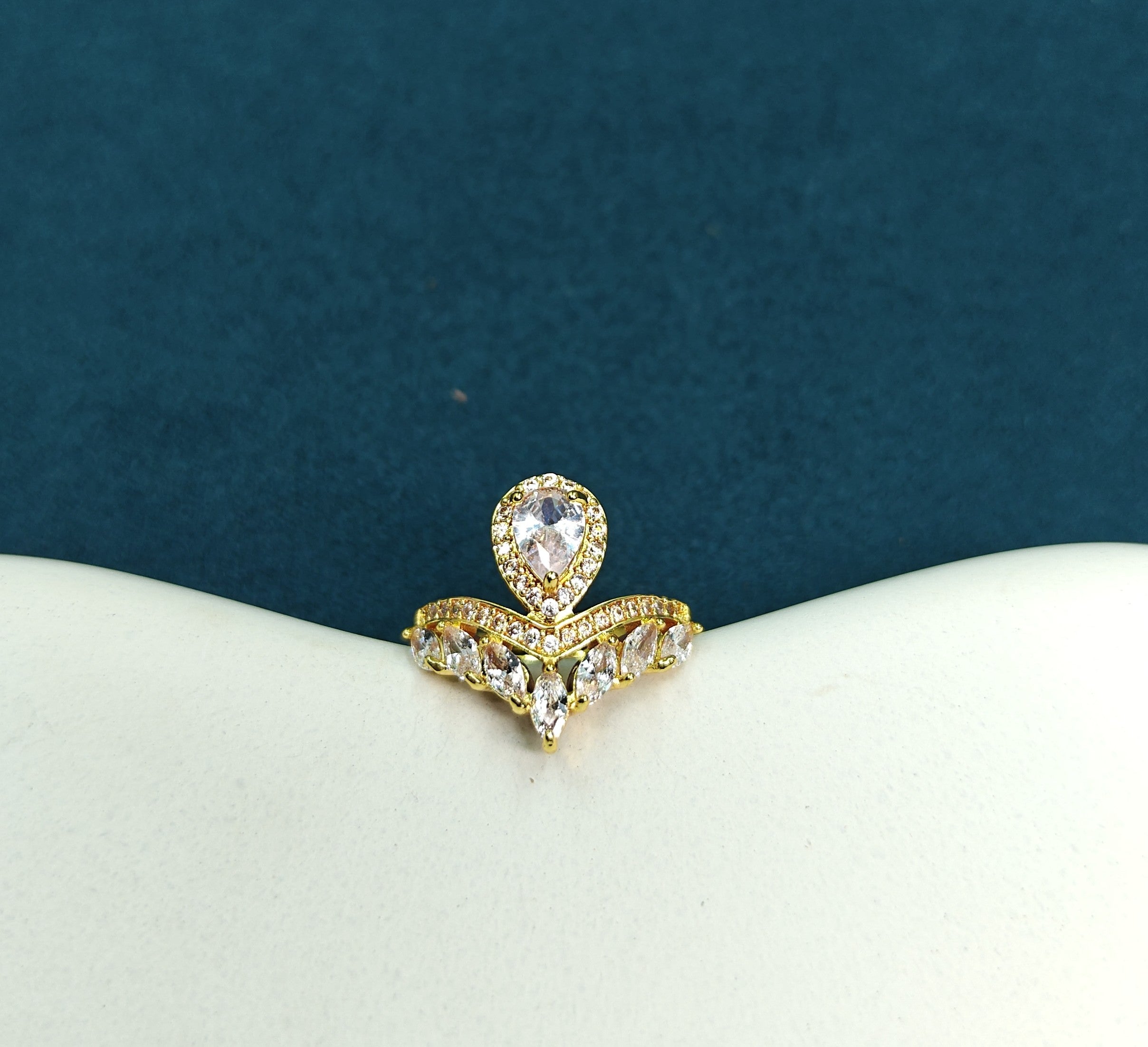 Gold-Tone Premium Tear Drop Halo Crown AD Ring for Women - Glossy Finish (Size Adjustable)