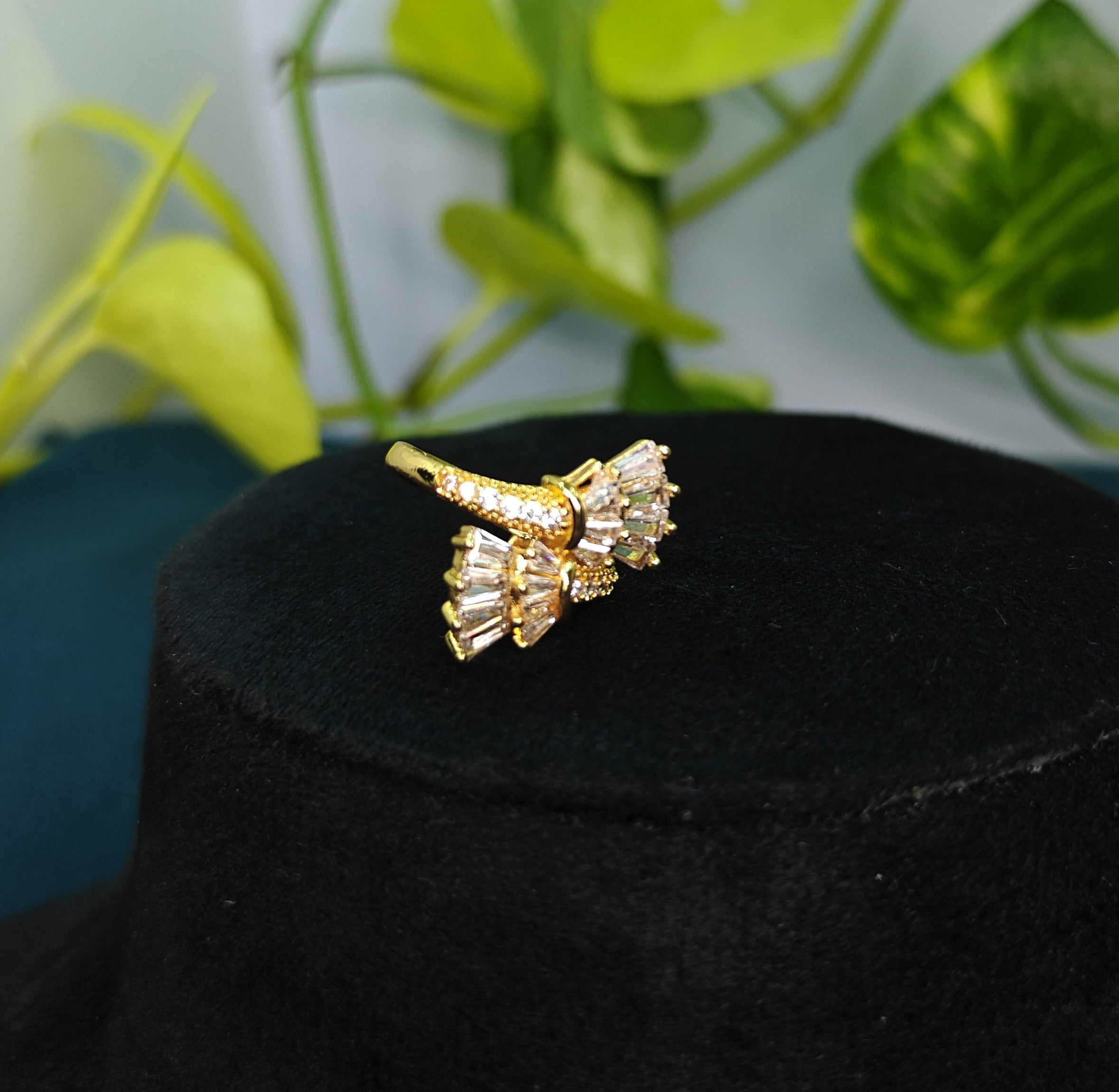 Gold-Tone Premium Baguette Wing Spiral AD Ring for Women - Glossy Finish (Size Adjustable)