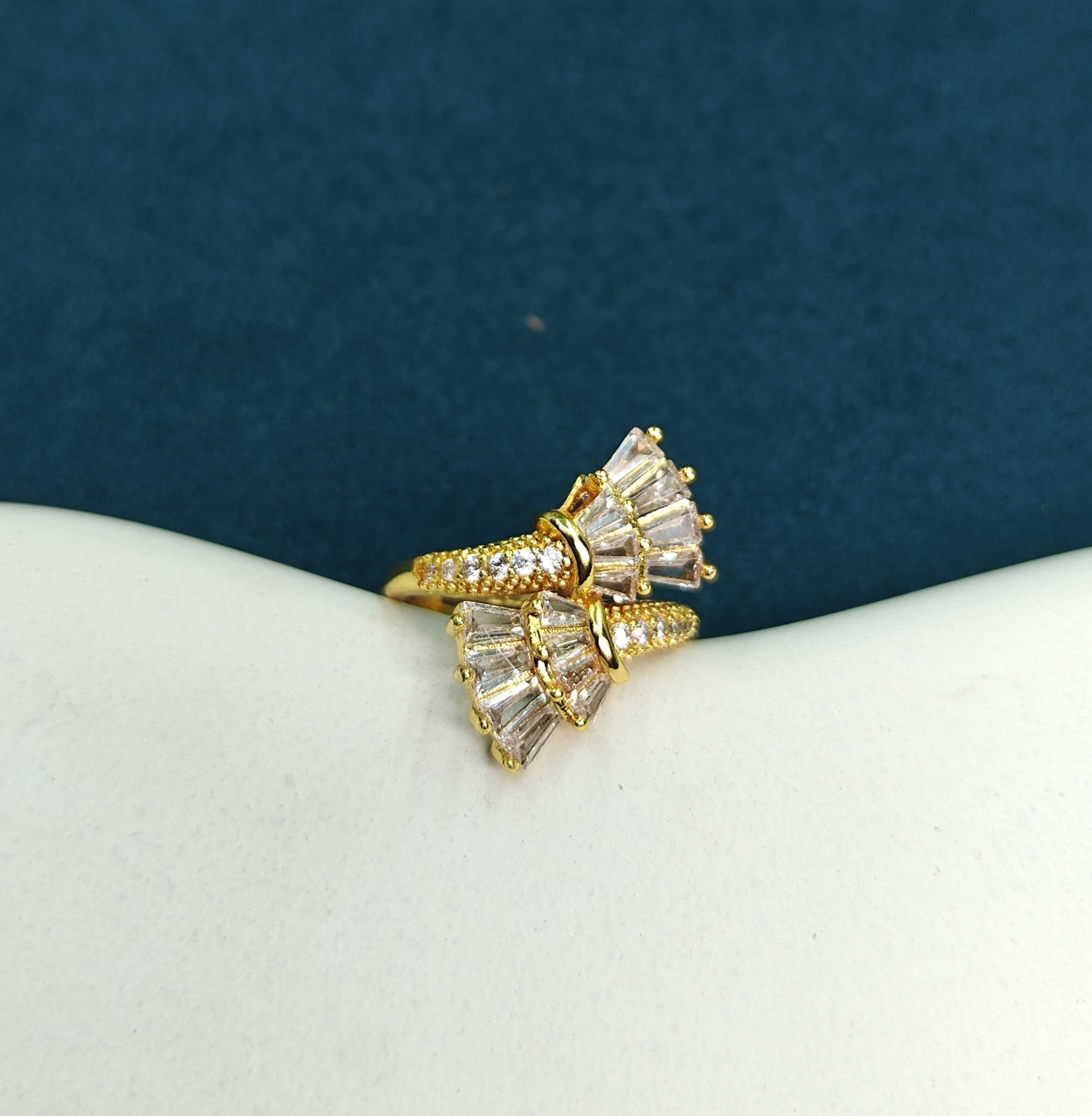 Gold-Tone Premium Baguette Wing Spiral AD Ring for Women - Glossy Finish (Size Adjustable)