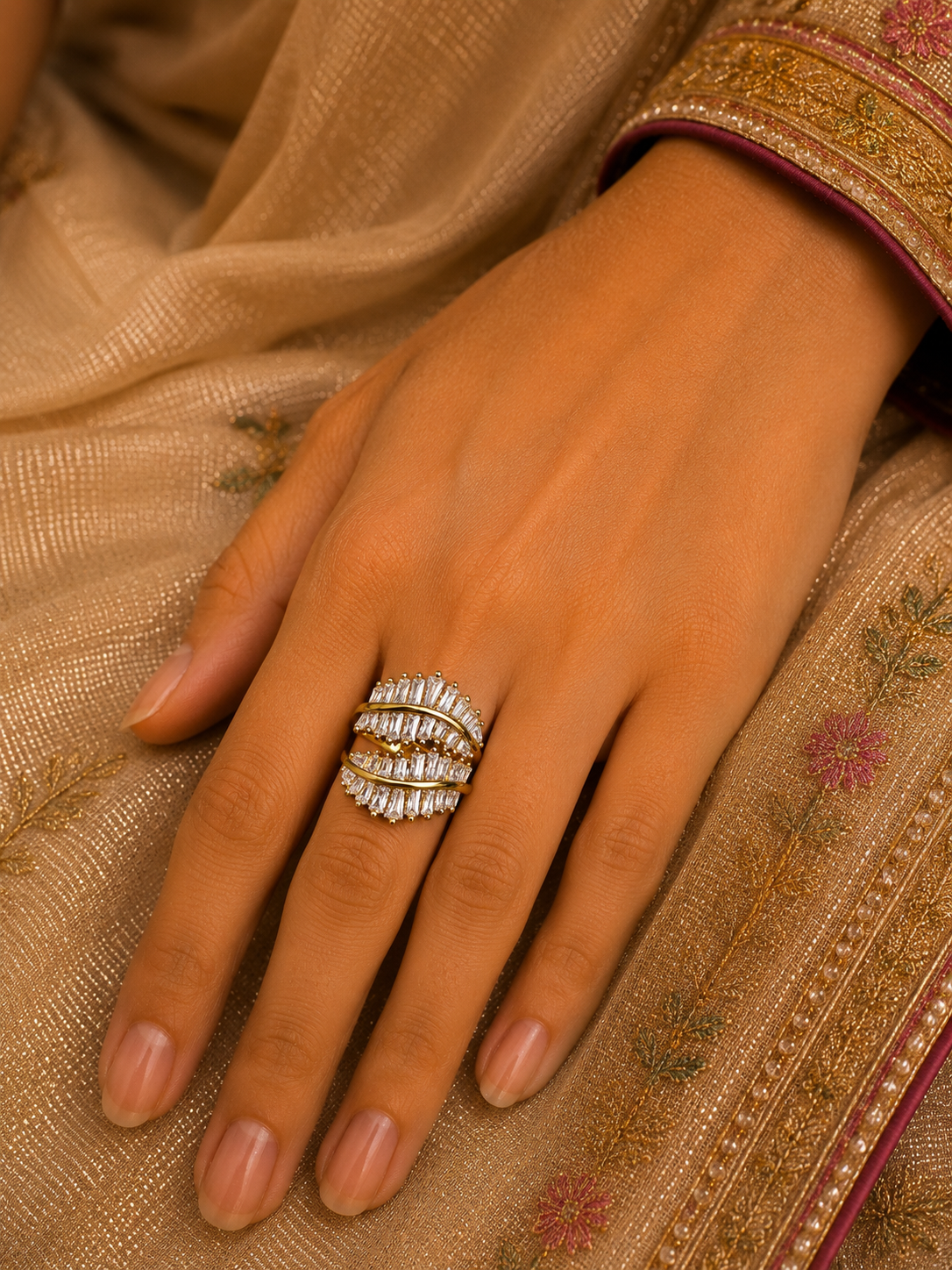 Gold-Tone Premium Double Sparkle Crown AD Ring for Women - Glossy Finish (Size Adjustable)