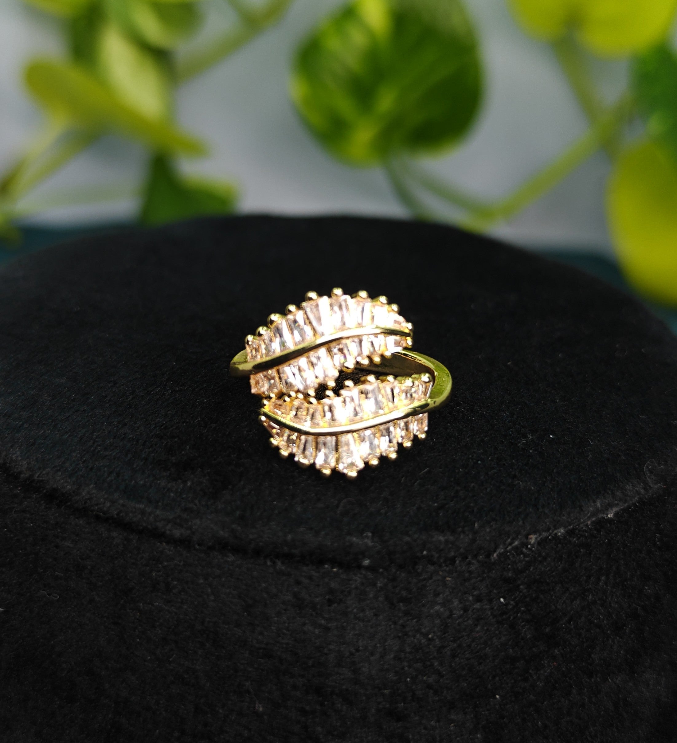 Gold-Tone Premium Double Sparkle Crown AD Ring for Women - Glossy Finish (Size Adjustable)