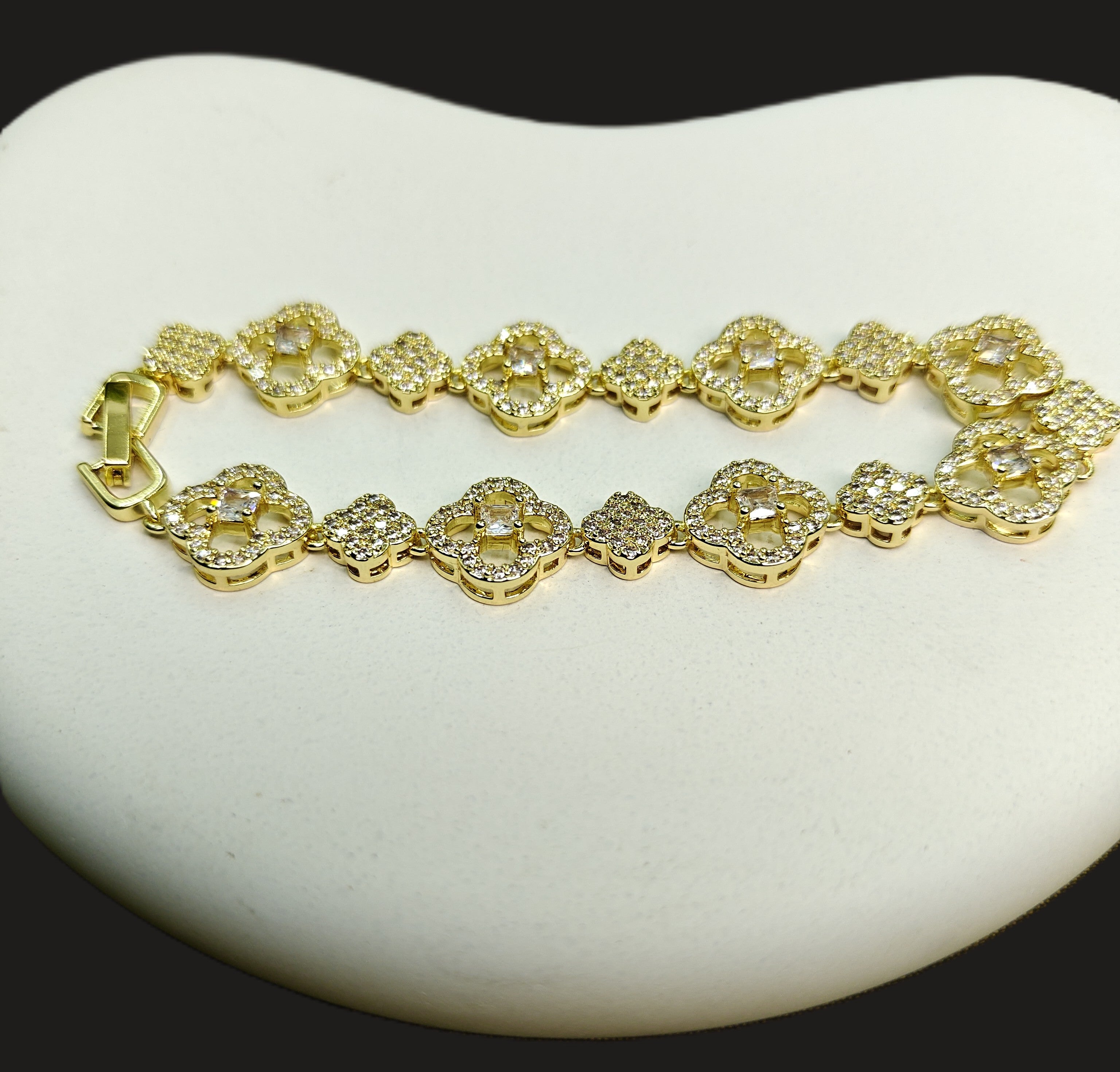 Gold-Tone Clover Tennis CZ Link Bracelet for Women - Glossy Finish