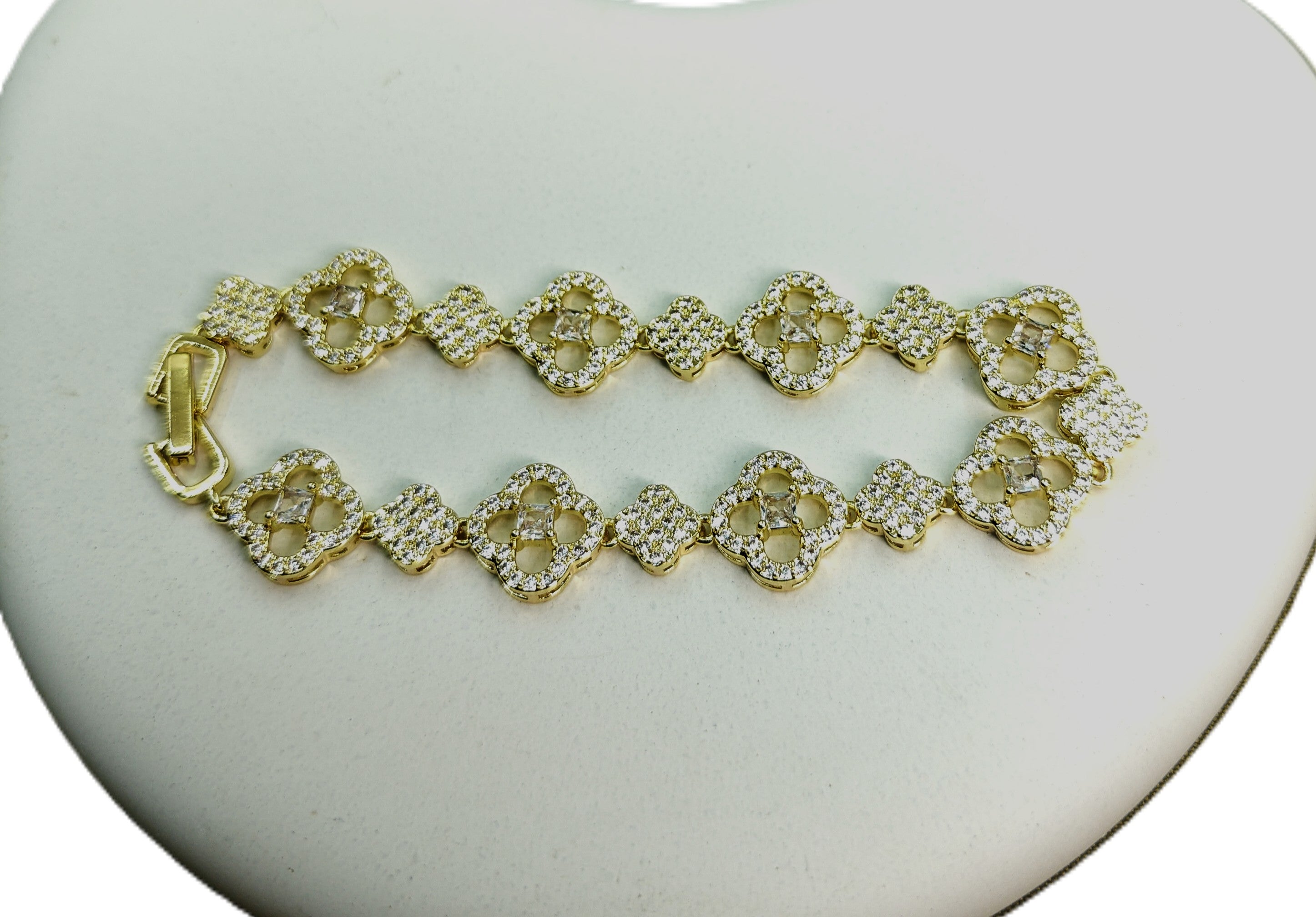 Gold-Tone Clover Tennis CZ Link Bracelet for Women - Glossy Finish