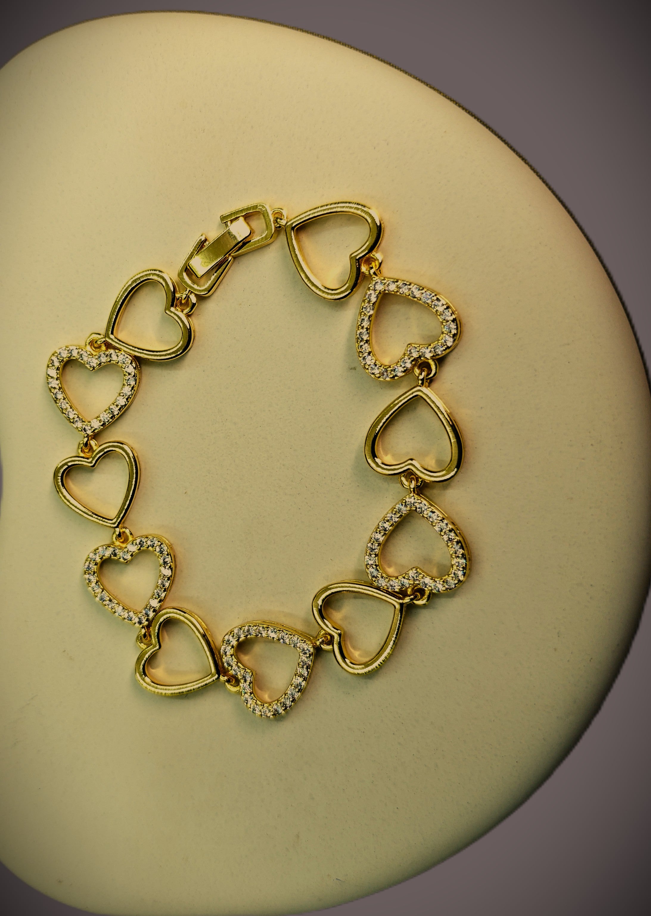 Gold-Tone Heart Link Tennis CZ Bracelet for Women - Glossy Finish