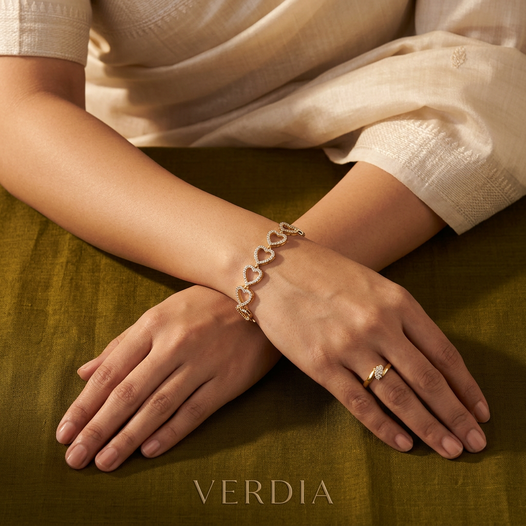 Gold-Tone Heart Link Tennis CZ Bracelet for Women - Glossy Finish