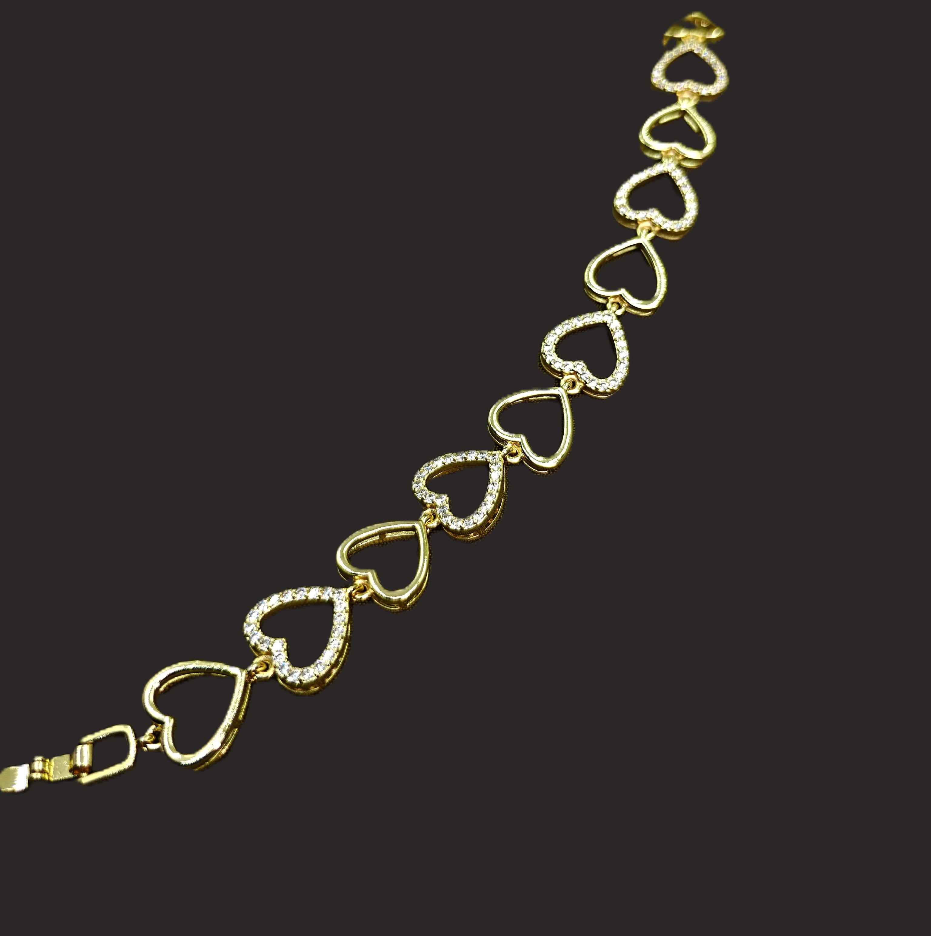 Gold-Tone Heart Link Tennis CZ Bracelet for Women - Glossy Finish