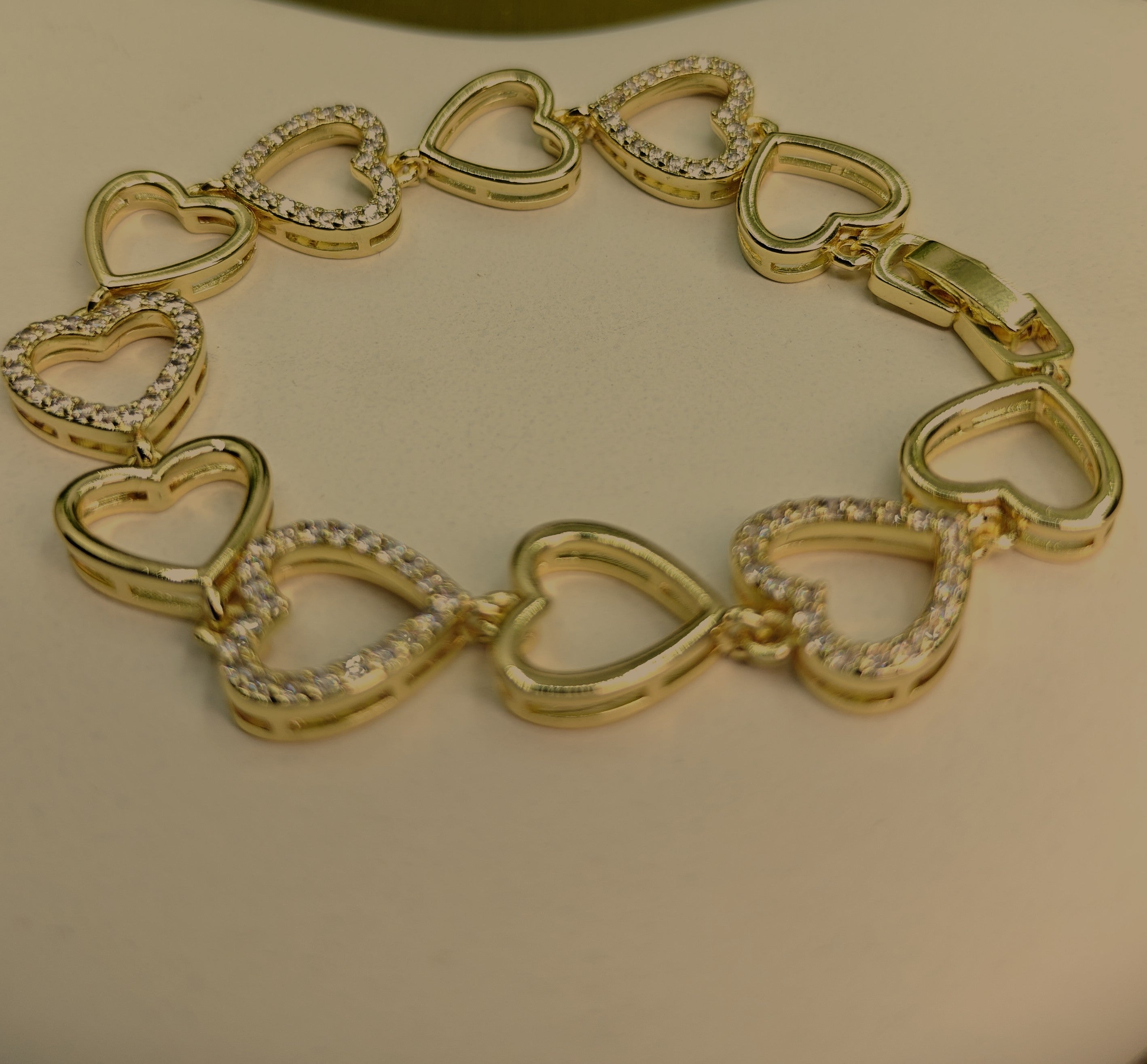 Gold-Tone Heart Link Tennis CZ Bracelet for Women - Glossy Finish
