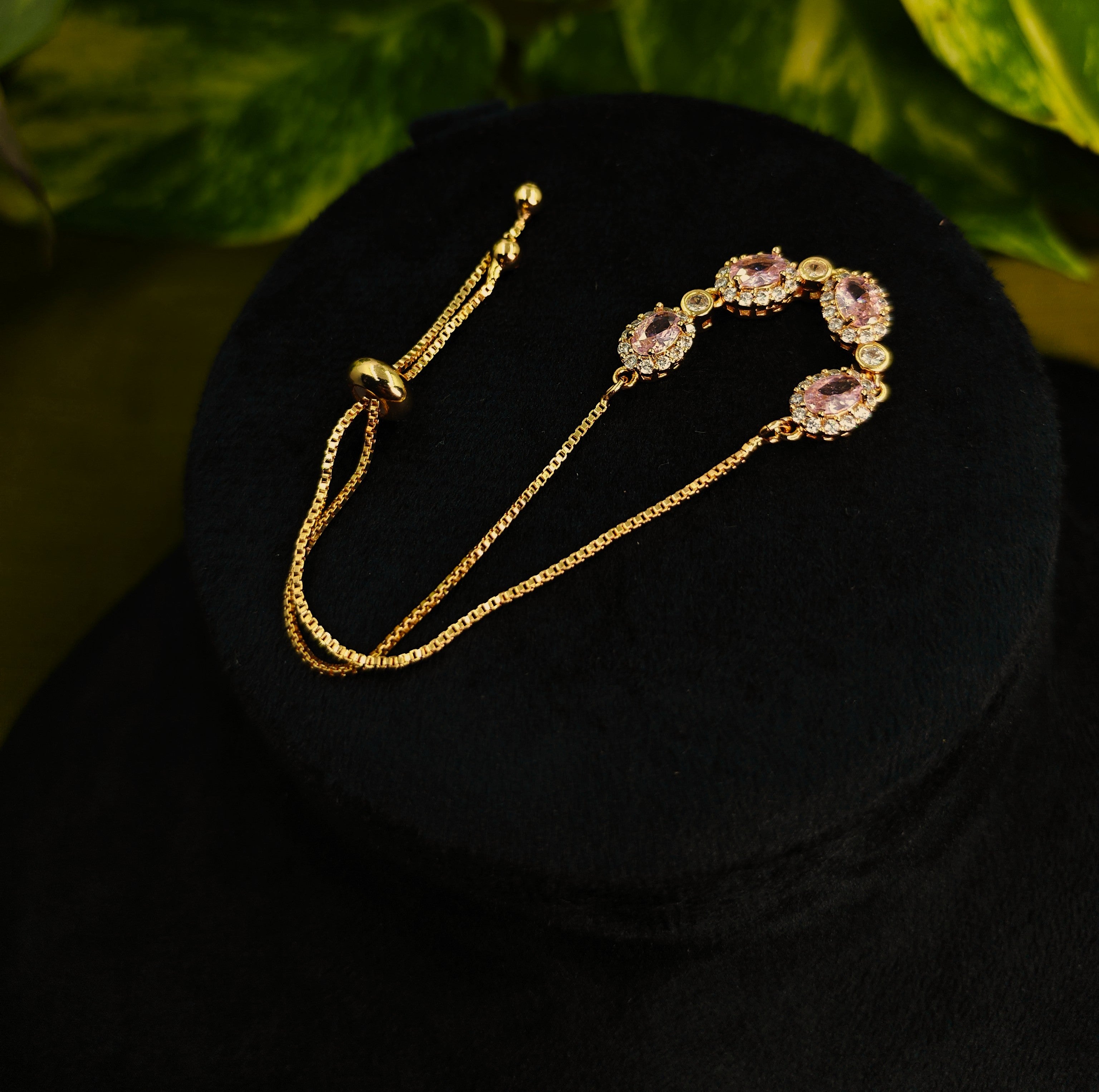 Gold-Tone Pink Stone Bolo AD Slider Bracelet for Women - Glossy Finish