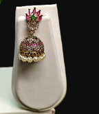 Gold-Tone Peacock Style AD Stone Jhumka Green and Red with Pearl Drops for Women - Matte Finish