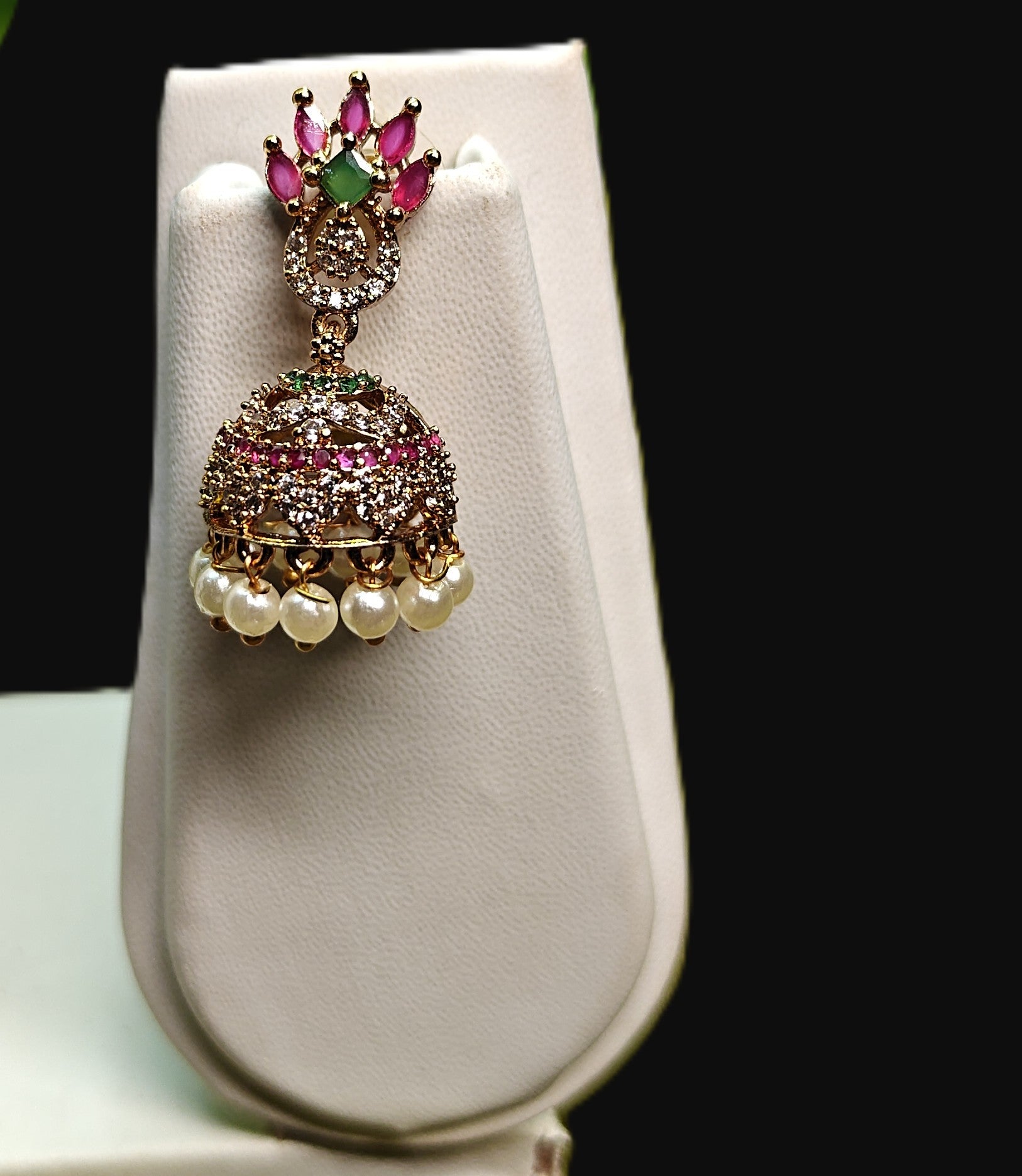 Gold-Tone Peacock Style AD Stone Jhumka Green and Red with Pearl Drops for Women - Matte Finish