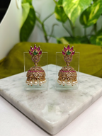 Gold-Tone Peacock Style AD Stone Jhumka Green and Red with Pearl Drops for Women - Matte Finish