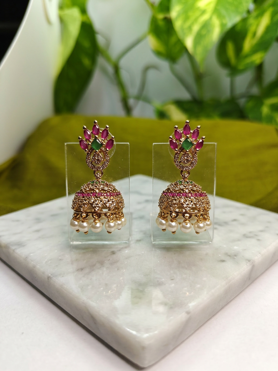 Gold-Tone Peacock Style AD Stone Jhumka Green and Red with Pearl Drops for Women - Matte Finish