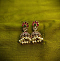 Gold-Tone Peacock Style AD Stone Jhumka Green and Red with Pearl Drops for Women - Matte Finish