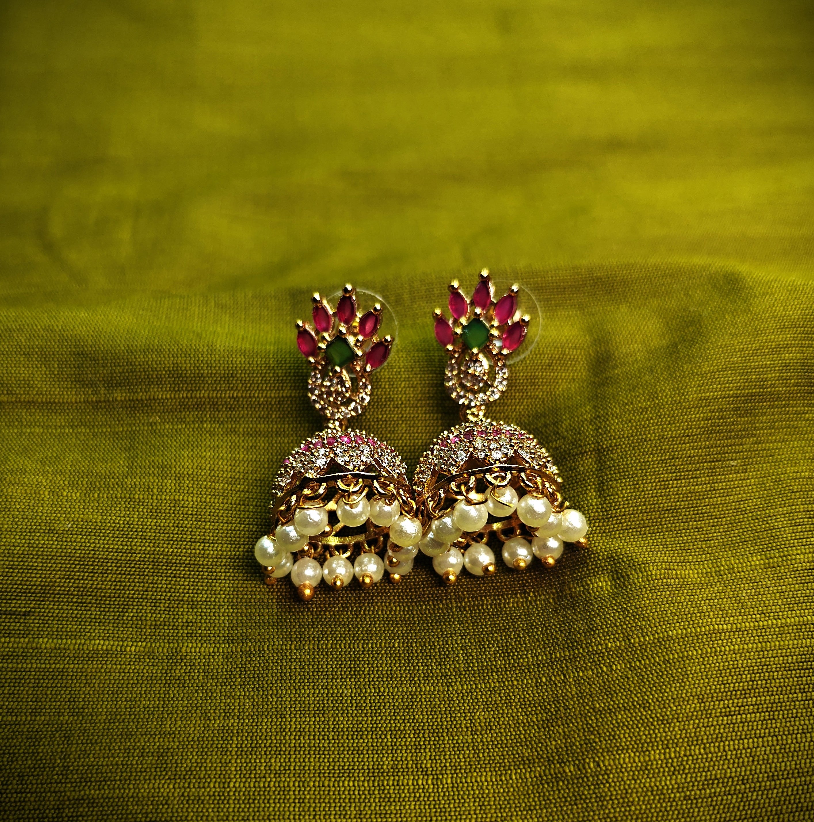 Gold-Tone Peacock Style AD Stone Jhumka Green and Red with Pearl Drops for Women - Matte Finish