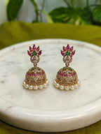 Gold-Tone Peacock Style AD Stone Jhumka Green and Red with Pearl Drops for Women - Matte Finish